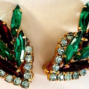 Vintage Clip Earrings Multicolor Rhinestone Marquise Leaf Design 50's Retro Glam